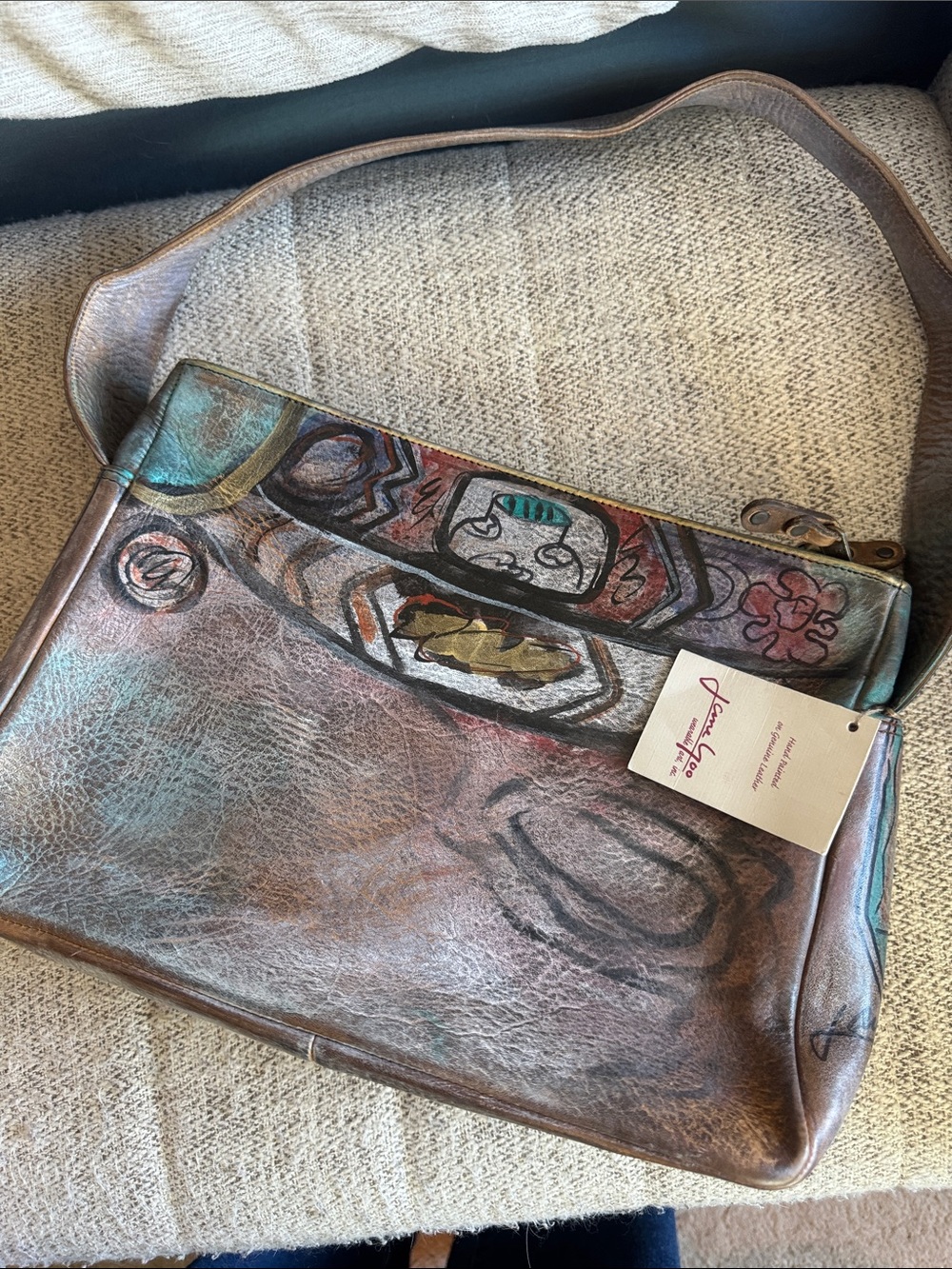 Jane Yoo Wearable Art Leather Shoulder Bag with Multicolor Hand-Painted Accents